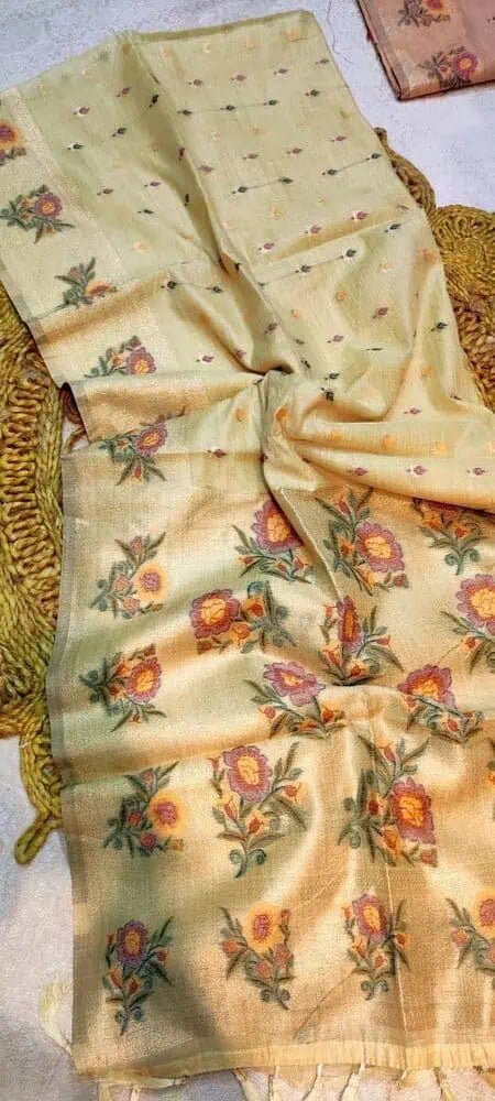Saree Linen Khadi Khaki Casual Durga Pujo S10971 - Saree - Aakritee - S10971