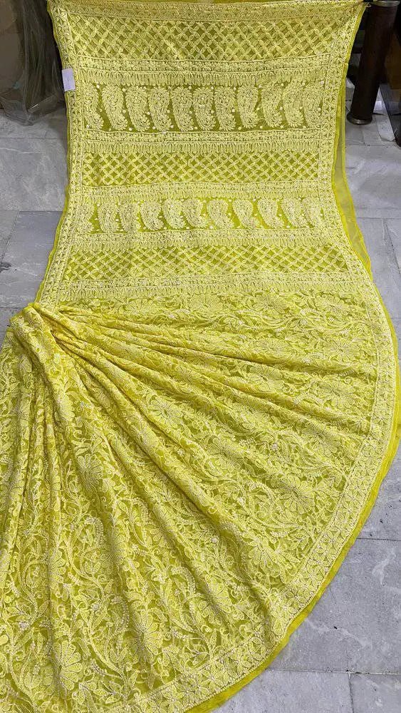 Saree_lucknowi hand chikankari_embroidery_lemon yellow_georgette_summer wear_party wear_S10831 - Saree - Aakritee - S10831
