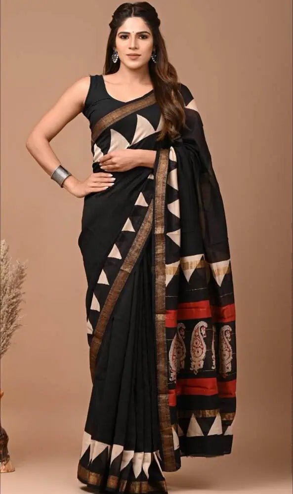 Saree_maheshwari_silk cotton_black_hand block_casual_S10824 - Saree - Aakritee - S10824