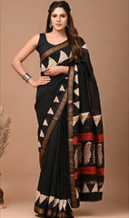 Saree_maheshwari_silk cotton_black_hand block_casual_S10824 - Saree - Aakritee - S10824