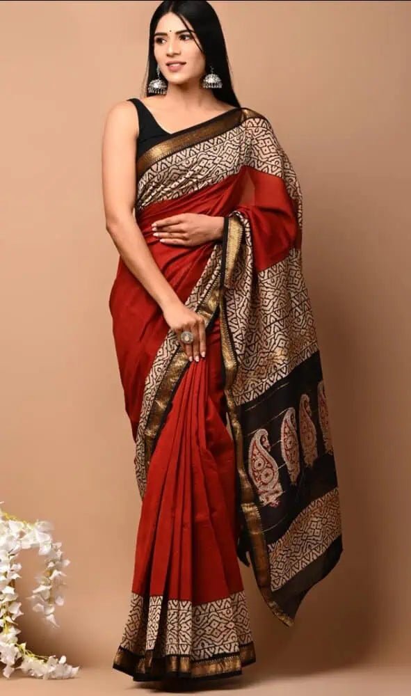 Saree_maheshwari_silk cotton_hand block_red_casual_S10823 - Saree - Aakritee - S10823
