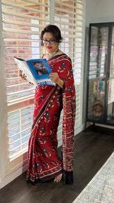 Saree Modal Silk Ajrakh Organic Dyed Party Wear Casual Red Festive S10904 - Saree - Aakritee - S10904