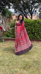 Saree Modal Silk Ajrakh Organic Dyed Party Wear Casual Red Festive S10904 - Saree - Aakritee - S10904