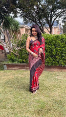 Saree Modal Silk Ajrakh Organic Dyed Party Wear Casual Red Festive S10904 - Saree - Aakritee - S10904