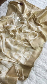 Saree Muga Silk Banarasi Festive Party Wear Pale Goldenrod Durga Pujo Diwali Contrast Blouse S11009 - Saree - Aakritee - S11009