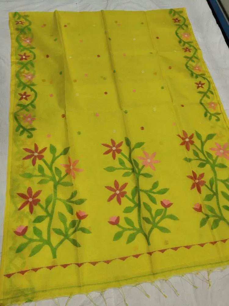 Saree_muslin_jamdani_floral_yellow_festive_durga pujo_S10747 - Saree - Aakritee - S10747