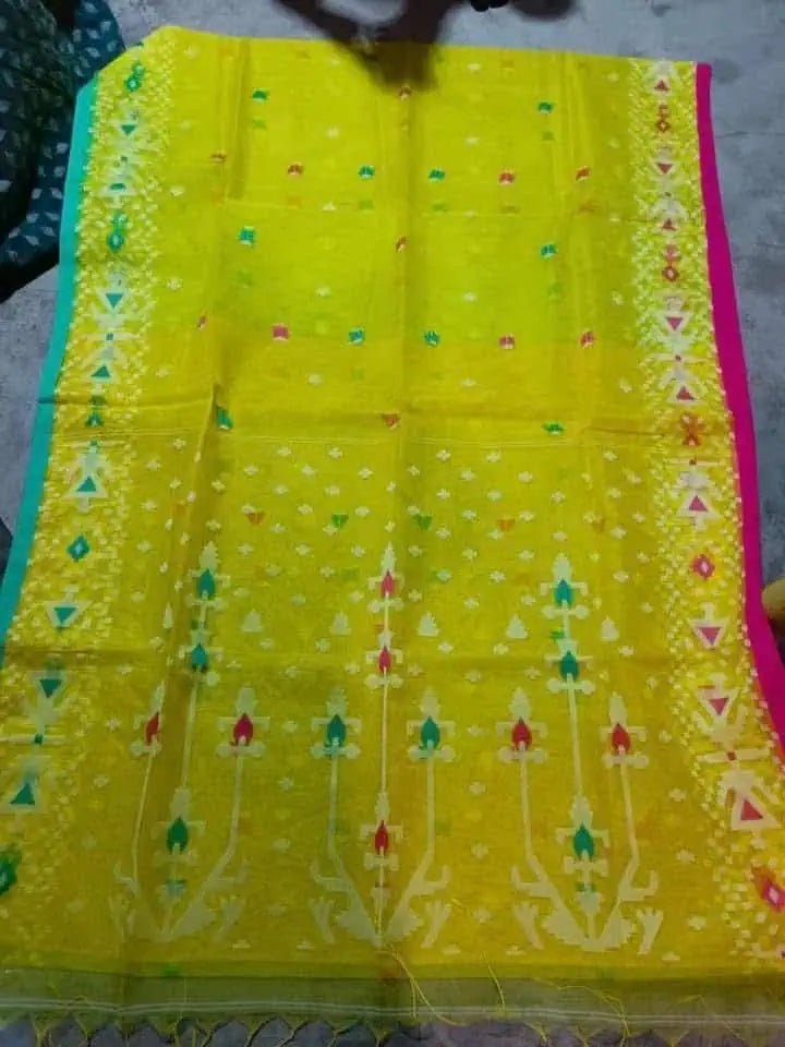 Saree_muslin_jamdani_ganga jamuna border_yellow_festive_durga pujo_S10748 - Saree - Aakritee - S10748
