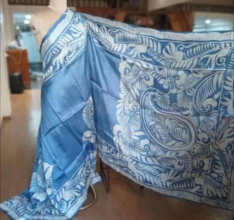 Saree Pure 3 Handloom 3 Ply Murshidabad Silk Hand Wax Batik Sky Blue Festive Casual Ethnic S10908 - Saree - Aakritee - S10908