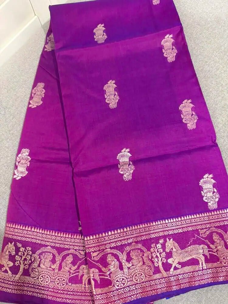 Saree Pure Bengal Handloom Authentic Baluchari On Premium Quality Bishnupuri Silk Dual Shade Purple Festive Traditional Durga Pujo Diwali S10998 - Saree - Aakritee - S10998