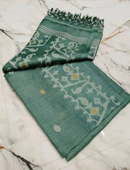 Saree Pure Gachi By Gachi Tussar Jamdani Exclusive Dark Sea Green Traditiona; Festive Durga Pujo S110026 - Saree - Aakritee - S11006