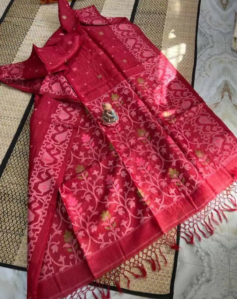 Saree Pure Gachi By Gachi Tussar Jamdani Exclusive Red Meena Boota Traditiona; Festive Durga Pujo S11003 - Saree - Aakritee - S11003