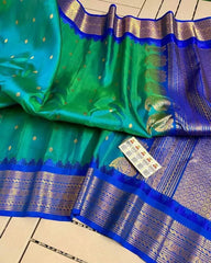 Saree Pure Handloom Silk Gadwal Dark Sea Green Festive Durga Pujo Diwali S10937 - Saree - Aakritee - S10937