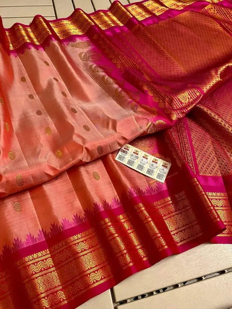 Saree Pure Handloom Silk Gadwal Salmon Festive Durga Pujo Diwali S10936 - Saree - Aakritee - S10936