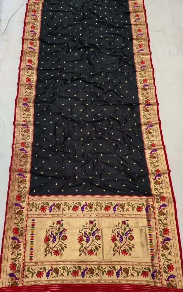 Saree Pure Silk Paithani Festive Traditional Durga Pujo Diwali Black S11037 Saree - Saree - Aakritee - S11037
