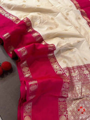 Saree Semi Kanjivaram Blended Silk Festive Diwali Durga Pujo White S10954 - Saree - Aakritee - S10954