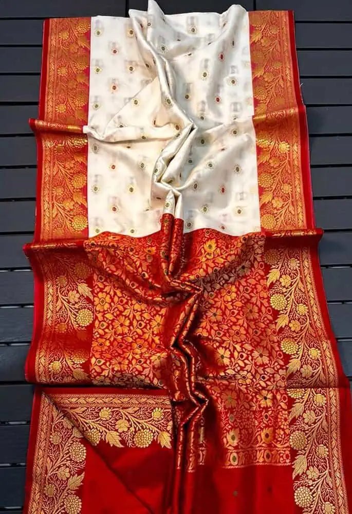 Saree Semi Katan Beige Durga Pujo Festive S10923 - Saree - Aakritee - S10923