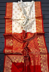 Saree Semi Katan Beige Durga Pujo Festive S10923 - Saree - Aakritee - S10923