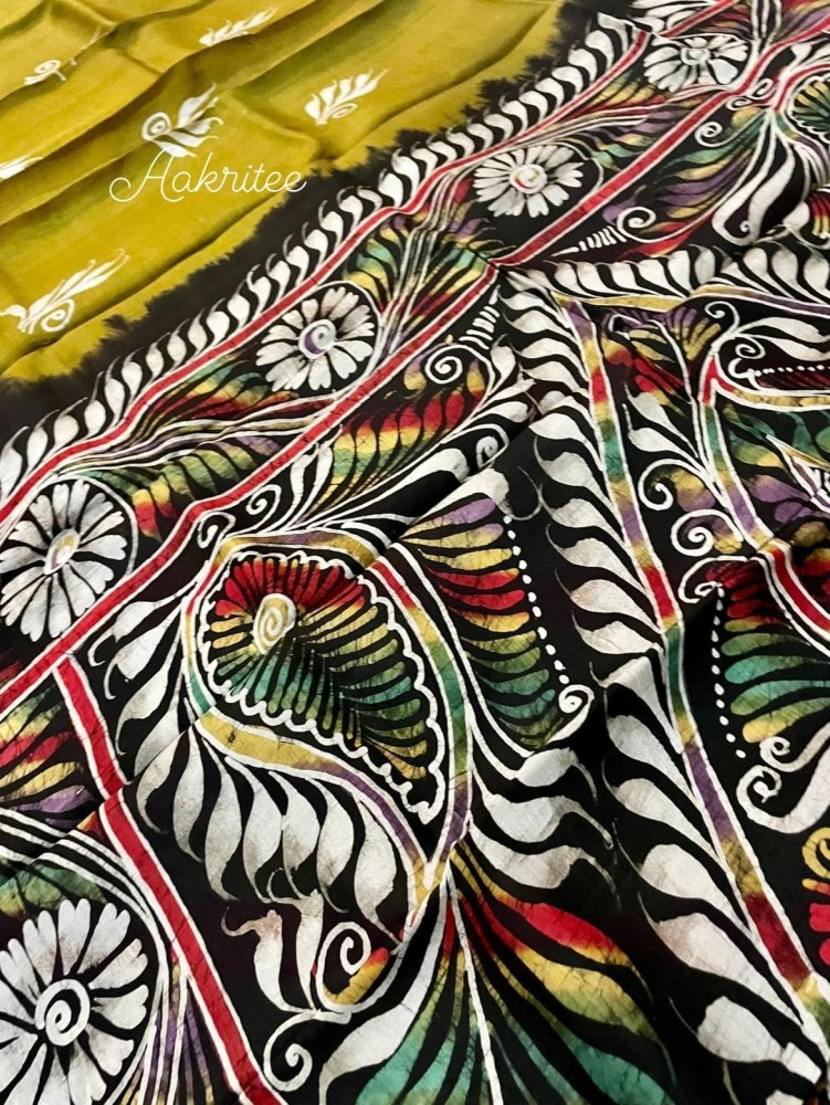 saree - silk - murshidabad - hand - batik - yellow - s10095 - Saree - Aakritee - S10096