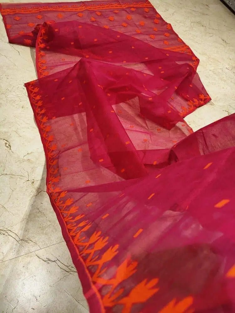 Saree_soft_jamdani_magenta_orange_festive_durga pujo_S10754 - Saree - Aakritee - S10754