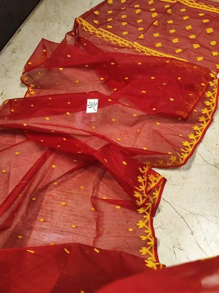 Saree_soft_jamdani_red_yellow_festive_durga pujo_S10741 - Saree - Aakritee - S10741