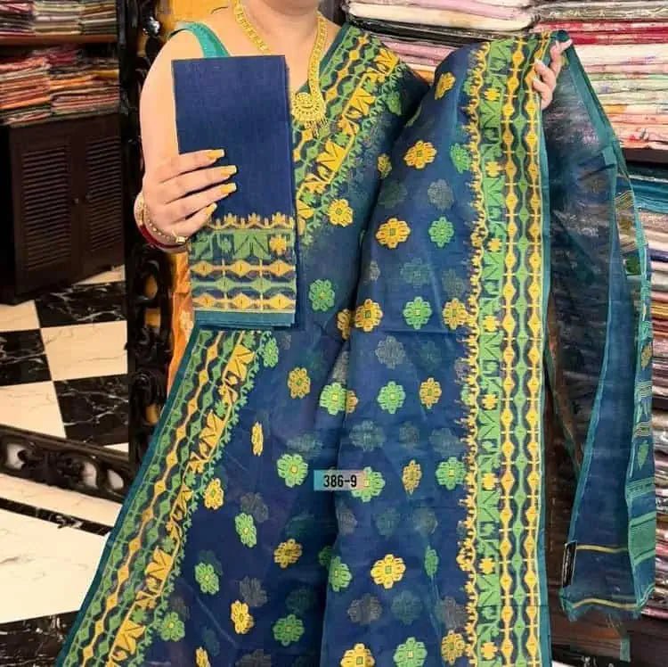 Saree_soft_jamdani_with blouse piece_blue_festive_durga_pujo_S10734 - Saree - Aakritee - S10734