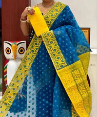 Saree_soft_jamdani_with blouse piece_blue_yellow_festive_durga puja_S10730 - Saree - Aakritee - S10730