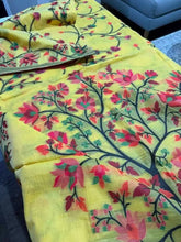 Saree Tantuja Jamdani Woven Cotton Silk Floral Motif Yellow Festive Trendy Durga Mujo S10897 - Saree - Aakritee - S10897