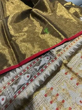 Saree Tissue Linen Festive Shimmery Durga Pujo Bengal Handloom Jamdani Olive S10894 - Saree - Aakritee - S10894