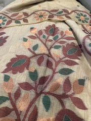 Semi Tussar Jamdani Saree Ð Beige Brown Floral Festive Wear - Saree - Aakritee - S10796