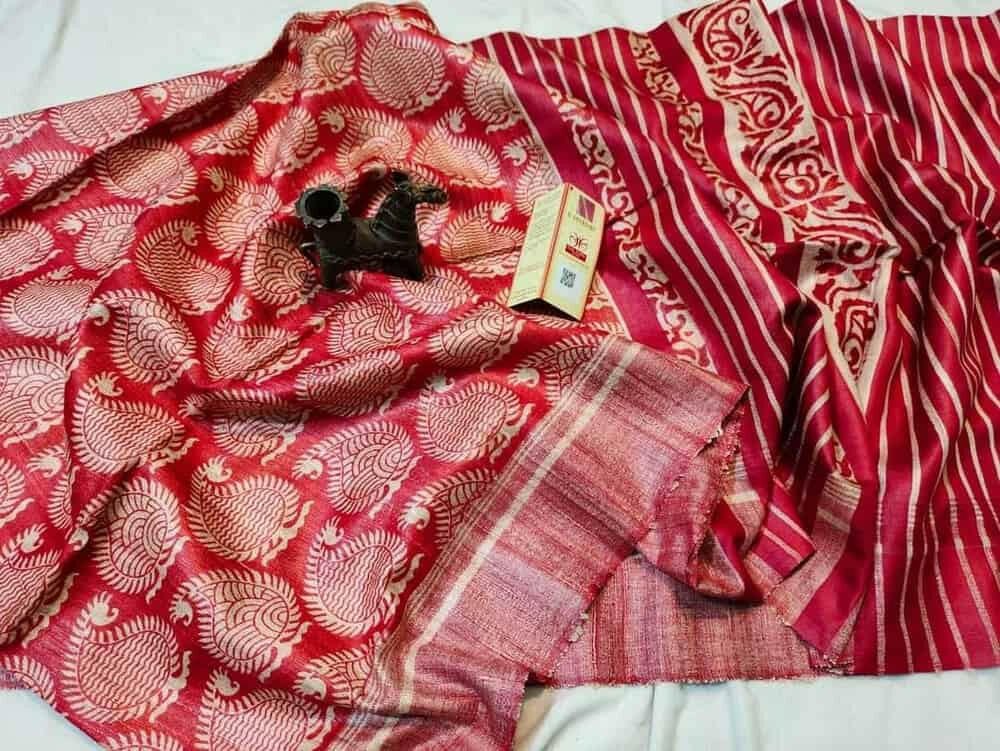 Silk Saree - Ghicha Tussar, Print (S0015) - Aakritee -