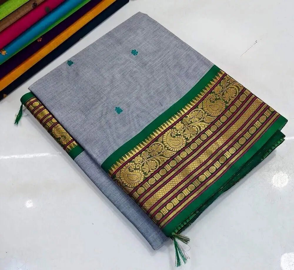 Silver Handloom Saree - Pure Handloom Kanchi Cotton Festive Traditional Summer Friendly Silver S11068 - Saree - Aakritee - S11068