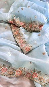 Sky Blue Organza Saree - Saree Organza Silk Embroidery Gotapatti Festive Party Wear Diwali Sky Pujo Edit S11079 - Saree - Aakritee - S11079