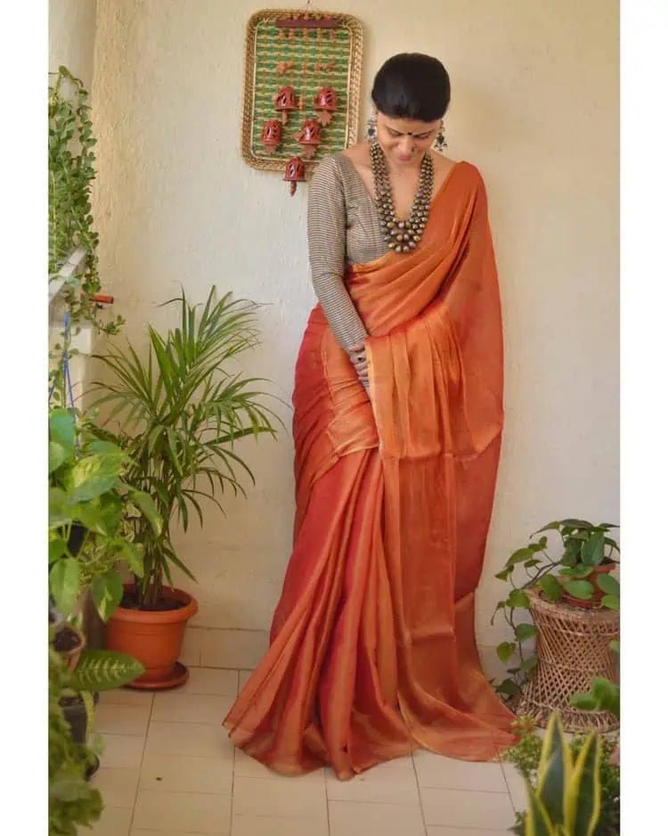 Tissue Linen Saree Ð Orange & Gold Festive Party Wear - Saree - Aakritee - S10758