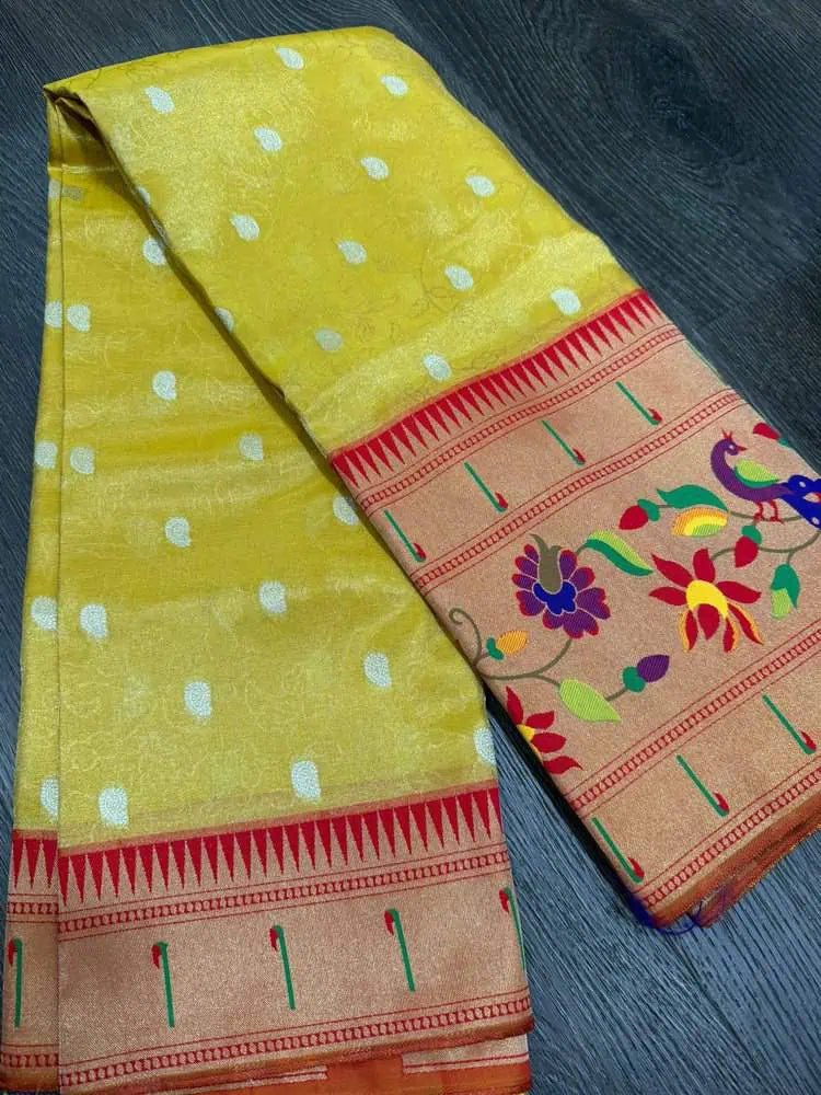 Tissue Paithani Yellow Saree - Festive Diwali Party Wear - Saree - Aakritee - S10683