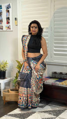 Tussar Madhubani Saree, Hand - Painted, Black, Festive Party Wear - Saree - Aakritee - S10609