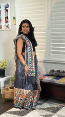 Tussar Madhubani Saree, Hand - Painted, Black, Festive Party Wear - Saree - Aakritee - S10609
