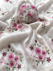 White Crushed Tissue Embroidered Saree - Saree Crushed Tissue Embroidery White Festive Diwali Casual S11232 - Saree - Aakritee - S11232