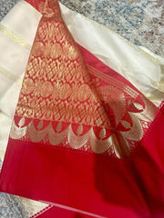 White Semi Gorod Soft Silk Saree - Saree Semi Gorod Soft Silk White Durga Pujo Special Diwali Traditional S11227 - Saree - Aakritee - S11227
