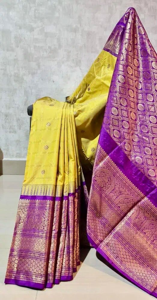 Yellow Silk Saree - Semi Gadwal Silk Festive Traditional Yellow S11057 - Saree - Aakritee - S11057