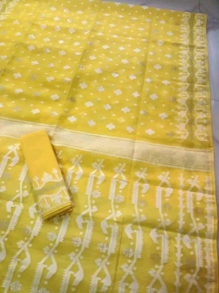 Yellow Soft Bengal Jamdani Saree for Festive Durga Puja - Saree - Aakritee - S10709