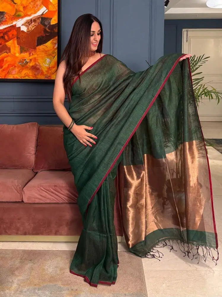 Dark Green Tissue Saree - Saree Tissue Linen Dark Green Festive Pujo Edit S11085