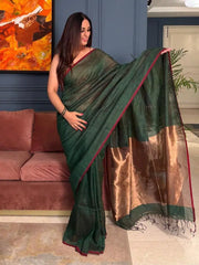 Dark Green Tissue Saree - Saree Tissue Linen Dark Green Festive Pujo Edit S11085