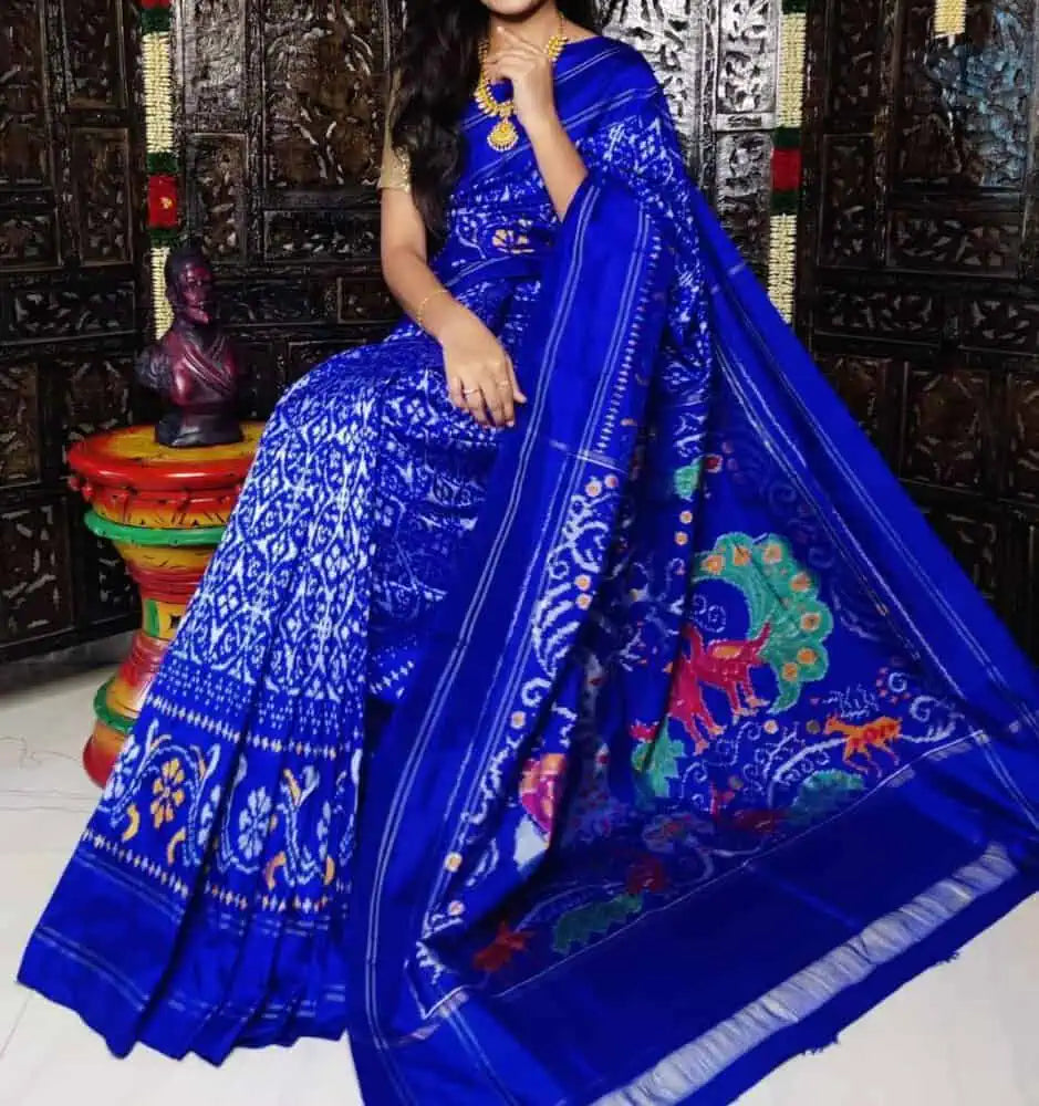 Blue Silk Saree - Saree Pure Silk Ikkat Pochampalli Festive Madhatasu Palla Pujo Edit S11089