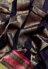 Black Cotton Saree - Saree Cotton Kanchipuram Handloom Pujo Edit Festive Diwali Black S11105