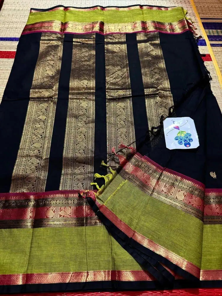 Black Cotton Saree - Saree Cotton Kanchipuram Handloom Pujo Edit Festive Diwali Black S11105