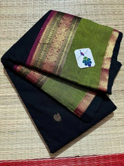 Black Cotton Saree - Saree Cotton Kanchipuram Handloom Pujo Edit Festive Diwali Black S11105
