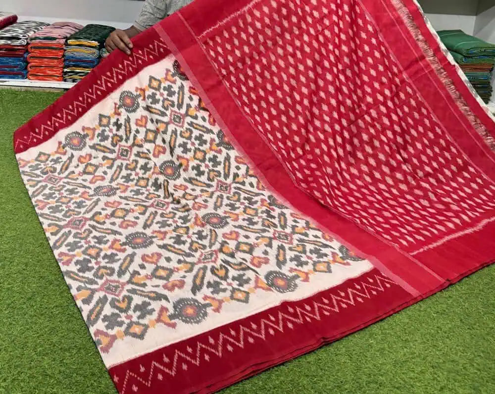 White Cotton Saree - Saree Cotton Pochampally Handloom Pujo Edit Festive White Red S11107