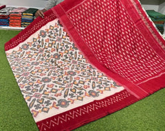 White Cotton Saree - Saree Cotton Pochampally Handloom Pujo Edit Festive White Red S11107