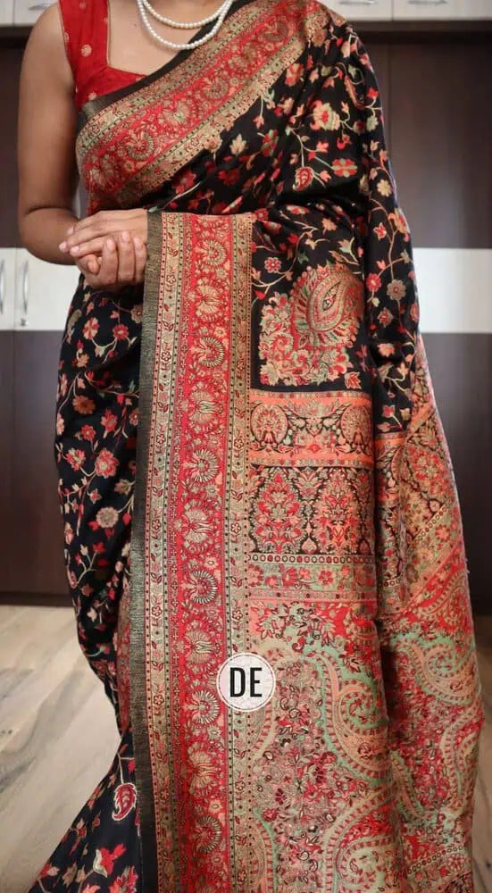 Black Silk Saree - Saree Kani Silk Pujo Edit Festive Diwali Black S11108