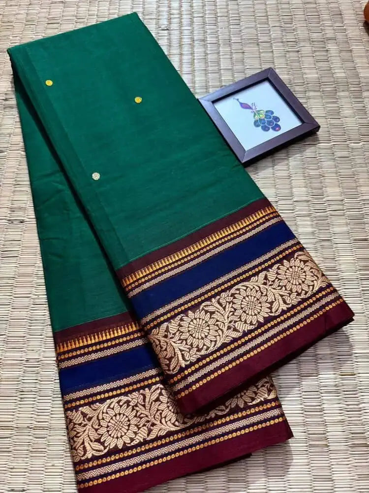 Dark Green Cotton Saree - Saree Handloom Kanchipuram Cotton Festive Pujo Edit Diwali Dark Green S11116